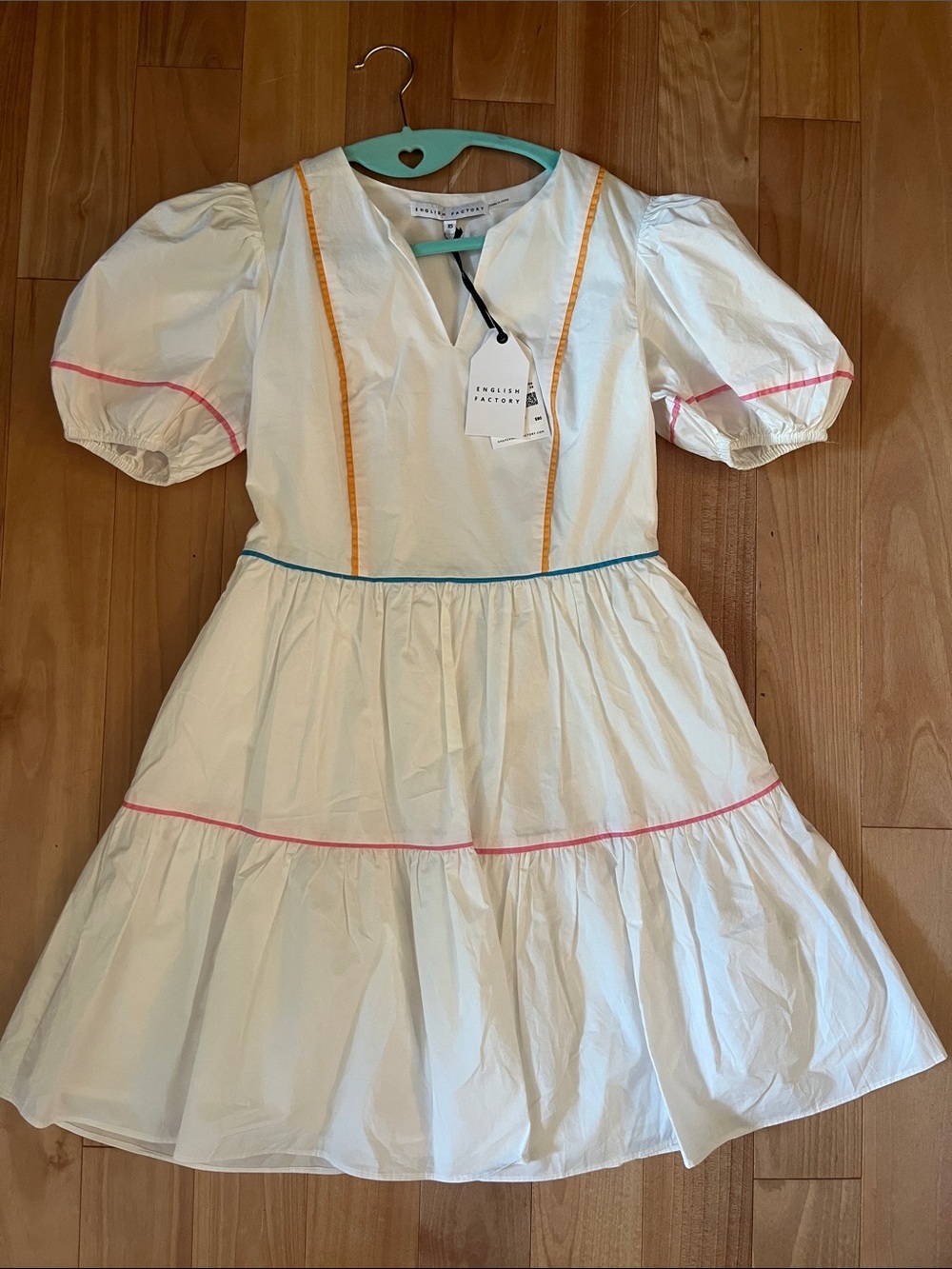 English Factory White Cotton Dress with Pink, Blue & Yellow Trim